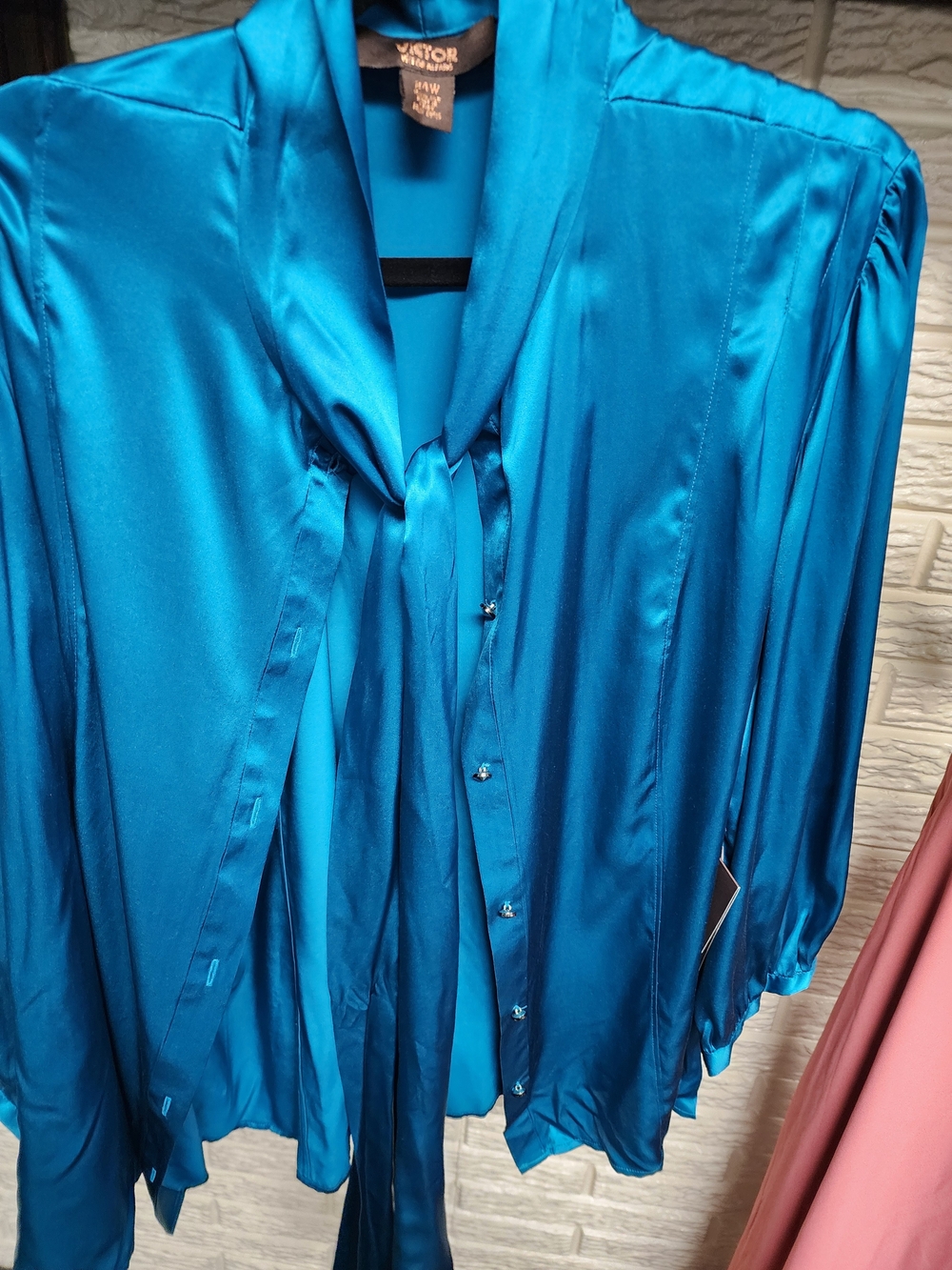 Women's Teal Satin Tie-Neck Blouse